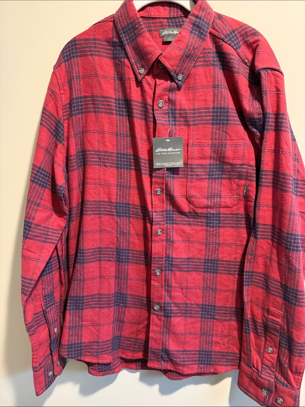 Eddie Bauer Red and Navy Plaid Button-Down Shirt